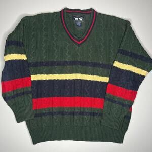 Vintage Woods & Gray Sweater L Cable Knit V-Neck Pullover Green Multicolor Strip